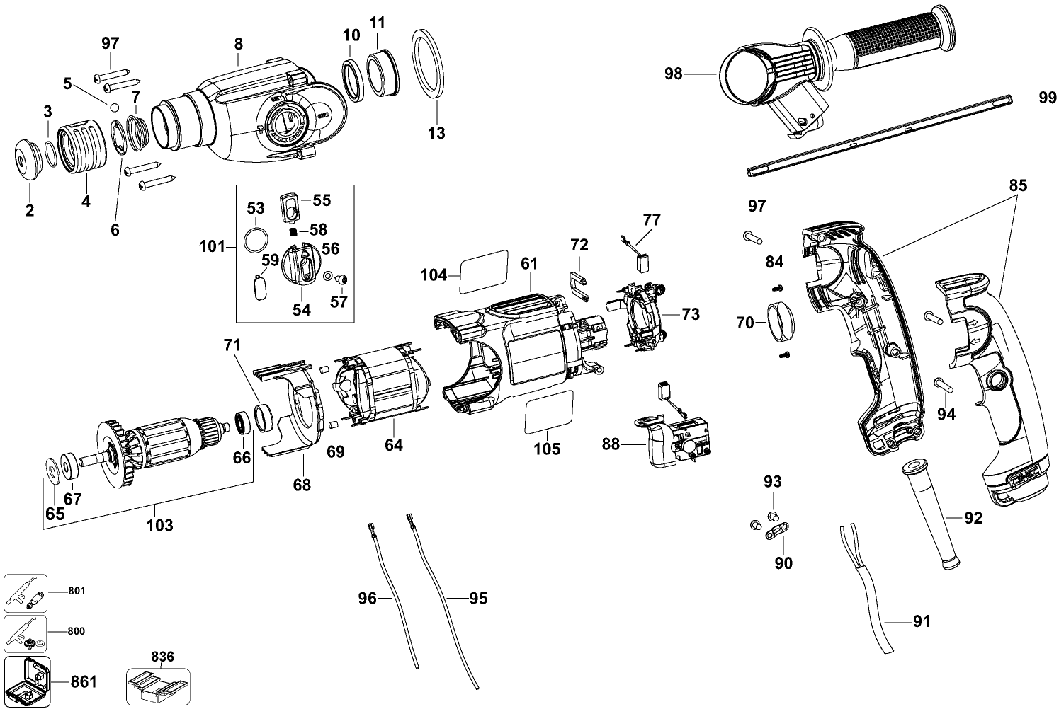 Default Diagram and Parts List for DWE5013X-B2 Type 1 Black and Decker Hammer